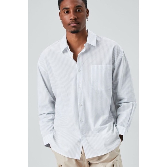 Forever 21 Mens Striped Button-Down Shirt, Light Blue/White | L - Picture 1 of 11